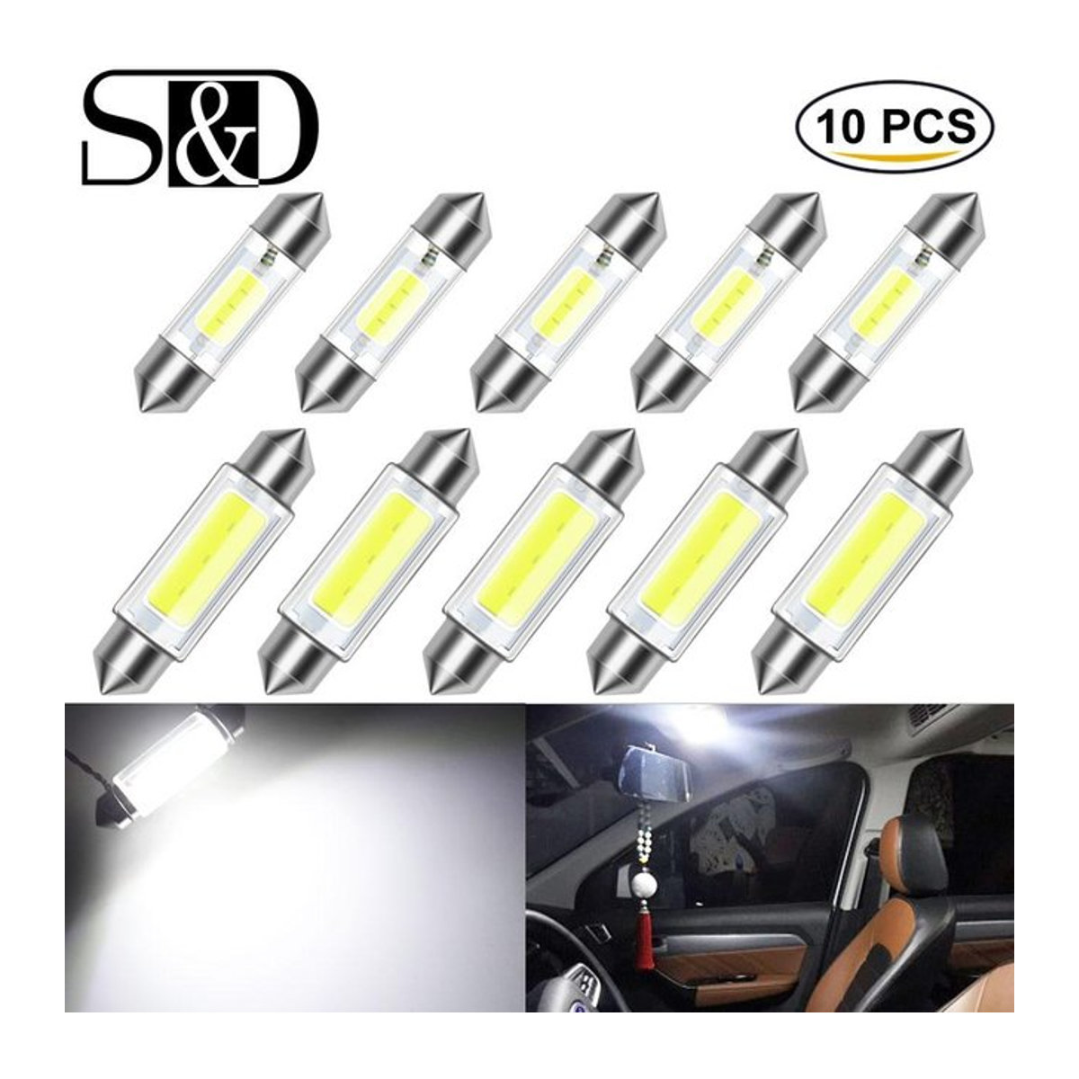 10 Stück C5W C10W LED-COB-Lampen für Auto-Innenraum, Kuppel, Nummernschild und Innenleselicht, 12 V, 6000 K Kaltweiß, Länge: 39 mm - Bild 1
