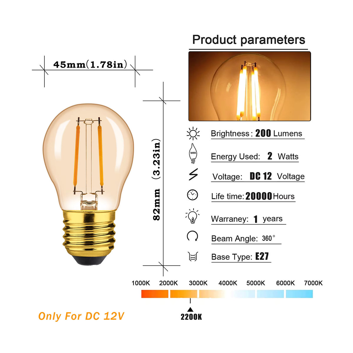 10 Stück Grensk Vintage LED Glühbirnen E27 G45 2 W Bernstein Glas Retro Niederspannungsampullen für RV Camper Innenbeleuchtung - Bild 3