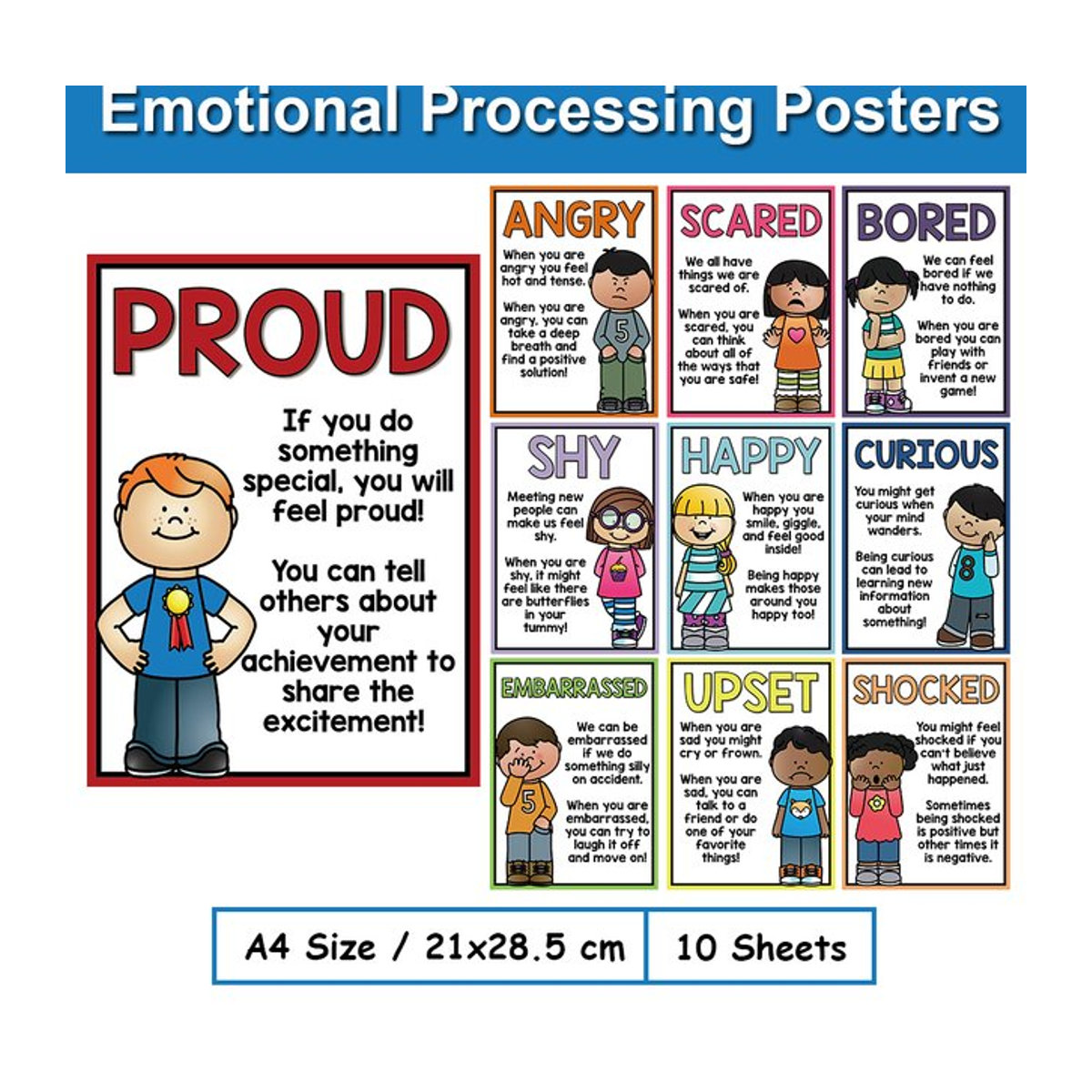10 Stück GSF Poster zur emotionalen Verarbeitung und Gefühlsdarstellung für Kinder, Wanddekoration als Montessori Lehrmittel, mehrfarbig, B: 21 cm, H: 28,5 cm - Bild 1