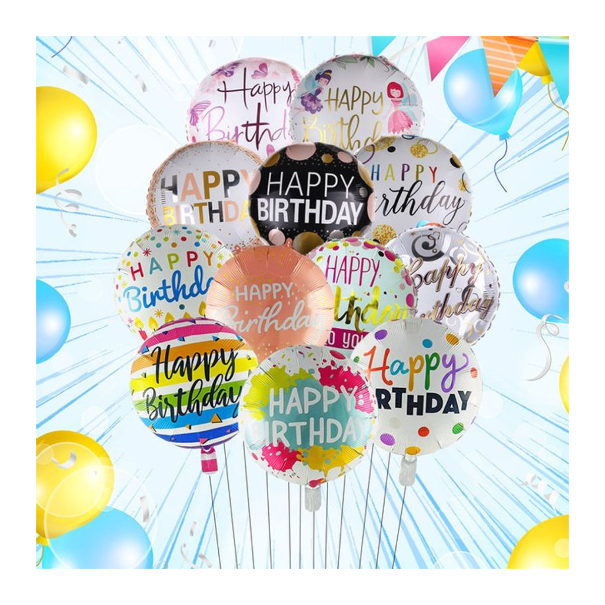 10 Stück Runde Happy Birthday Luftballons Set von EACH PARTY in Weiß und Mehrfarbig, 45,72 cm Durchmesser, Heliumballons für deine Geburtstagsdekoration - Bild 1