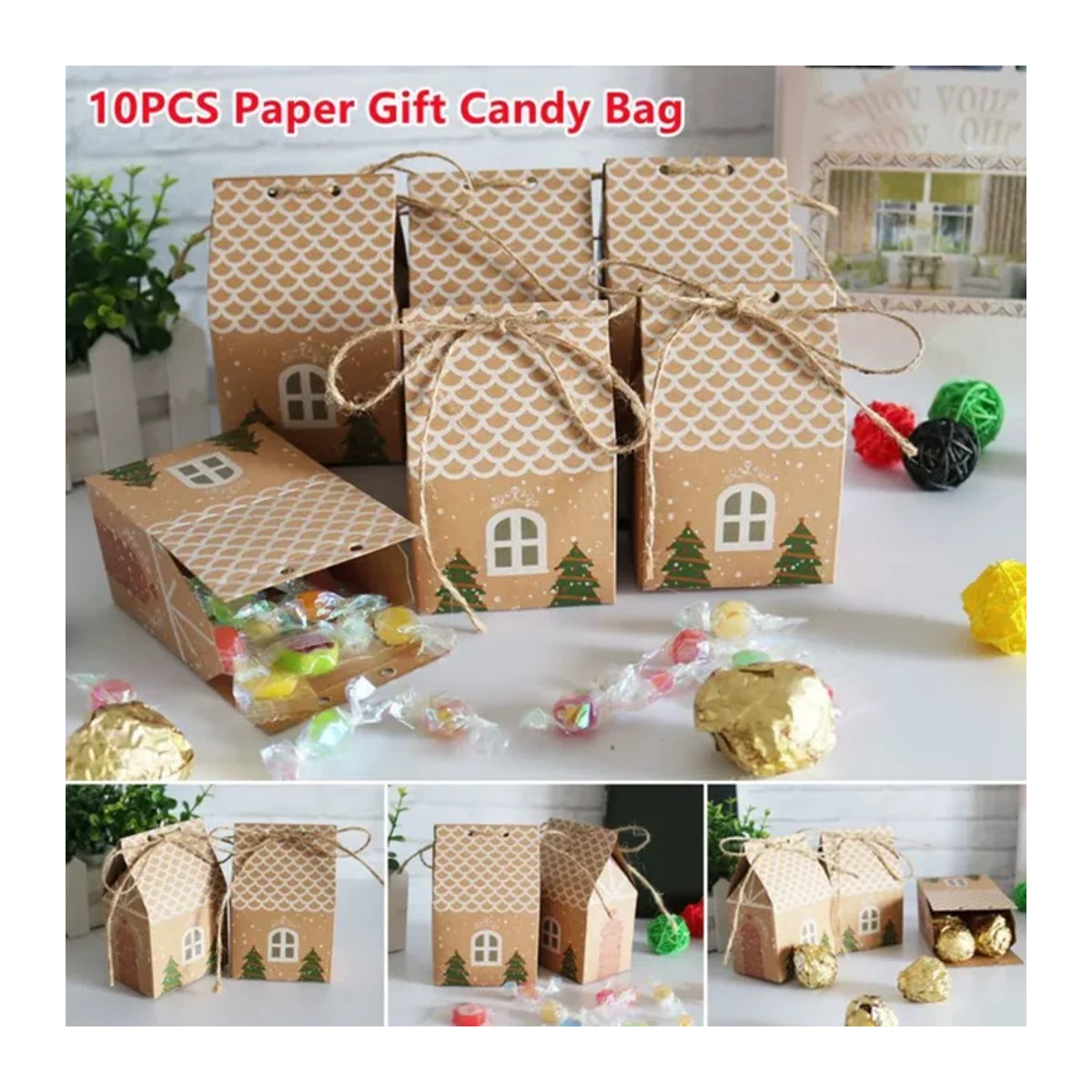 10 Stück Weihnachts-Geschenkboxen aus braunem Kraftpapier im Haus-Design für Kekse und Süßigkeiten - Bild 1