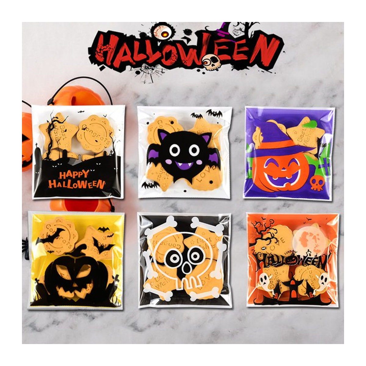 100 Stück Halloween Kürbis Süßigkeiten Taschen von YONGSNOW, mehrfarbig, quadratisch, B: 10 cm x H: 10 cm, selbstklebende Geschenktüten für Kinder und Party-Deko - Bild 1