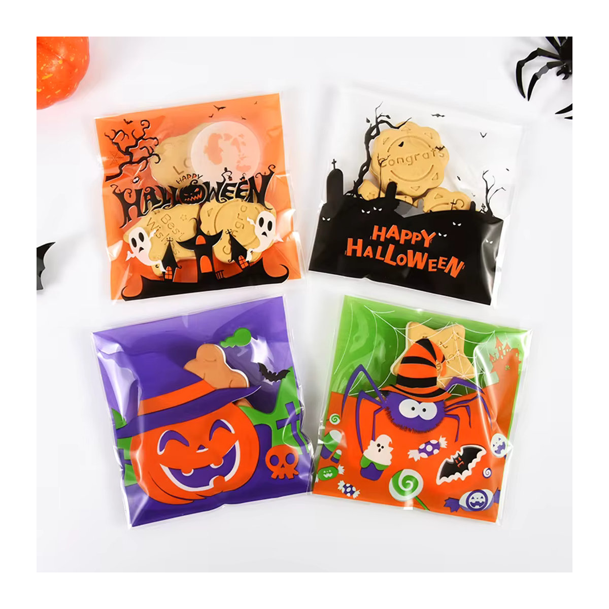 100 Stück Halloween Kürbis Süßigkeiten Taschen von YONGSNOW, mehrfarbig, quadratisch, B: 10 cm x H: 10 cm, selbstklebende Geschenktüten für Kinder und Party-Deko - Bild 3