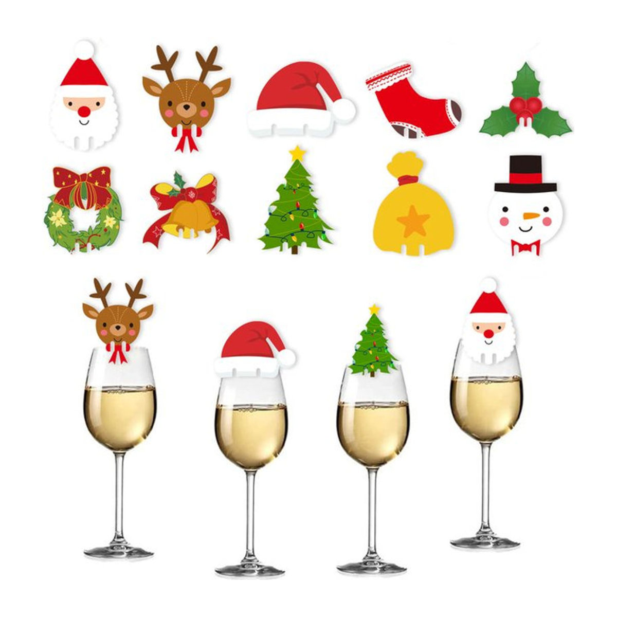100 Stück joy-enlife Weihnachts Wein-Glas-Dekorationen aus Kunststoff in Mehrfarbig mit Motiven wie Weihnachtsmannmütze, Schneemann und Tannenbaum für deine Party und Tischdekoration - Bild 1