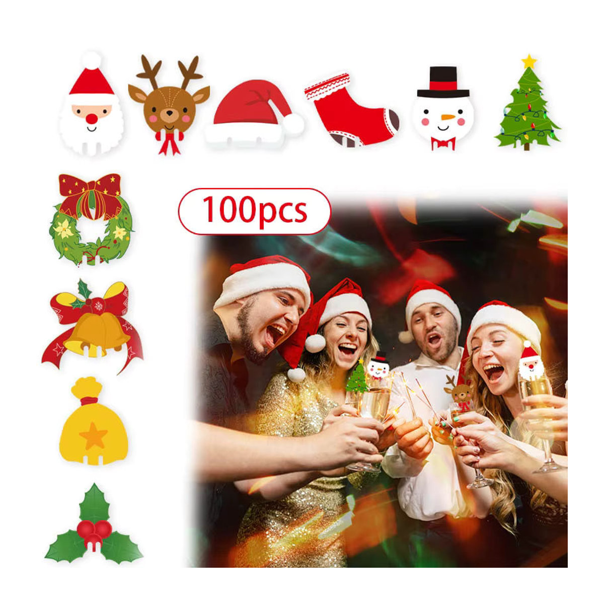 100 Stück joy-enlife Weihnachts Wein-Glas-Dekorationen aus Kunststoff in Mehrfarbig mit Motiven wie Weihnachtsmannmütze, Schneemann und Tannenbaum für deine Party und Tischdekoration - Bild 4