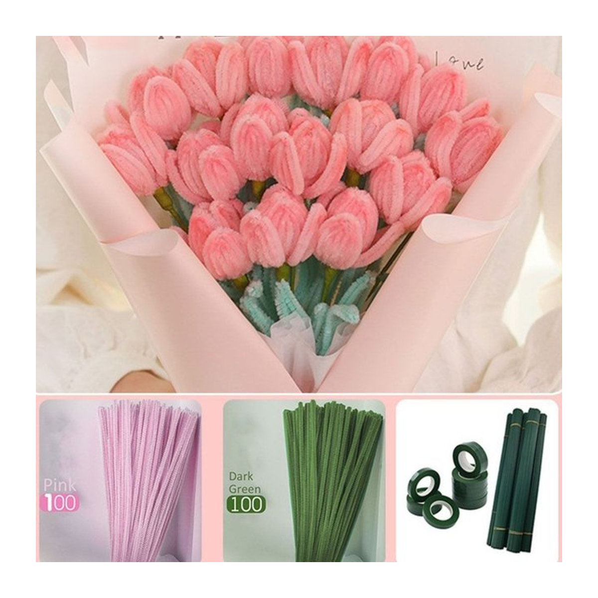 100 Stück Macaron Farbe Fuzzy Draht für DIY Tulpen Blumenstrauß und handgemachte Geschenke - Bild 1
