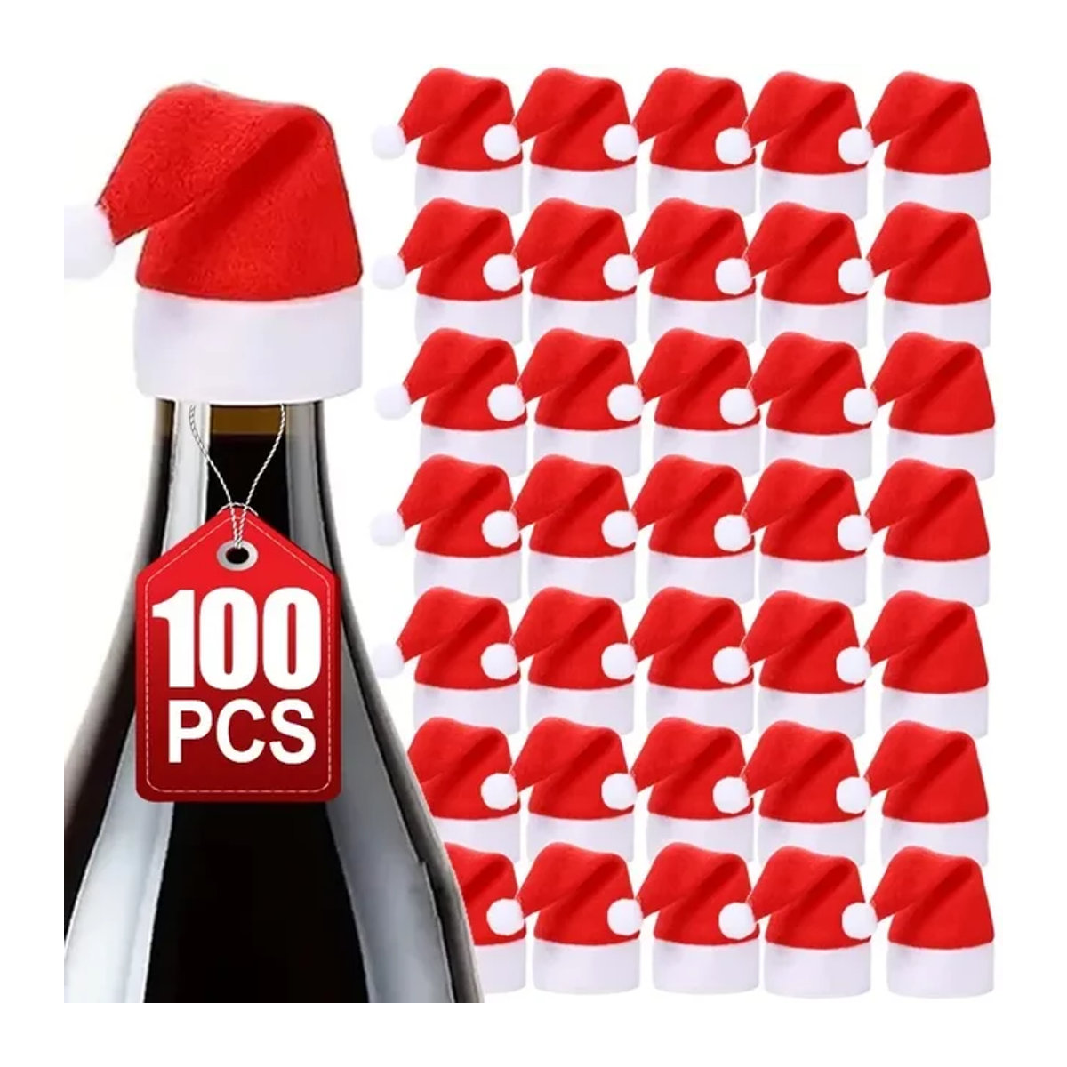 100 Stück Mini Weihnachtsmann Hüte aus Vliesstoff in Rot als Weihnachtsdekoration für Weinflaschen und Besteck - Bild 1