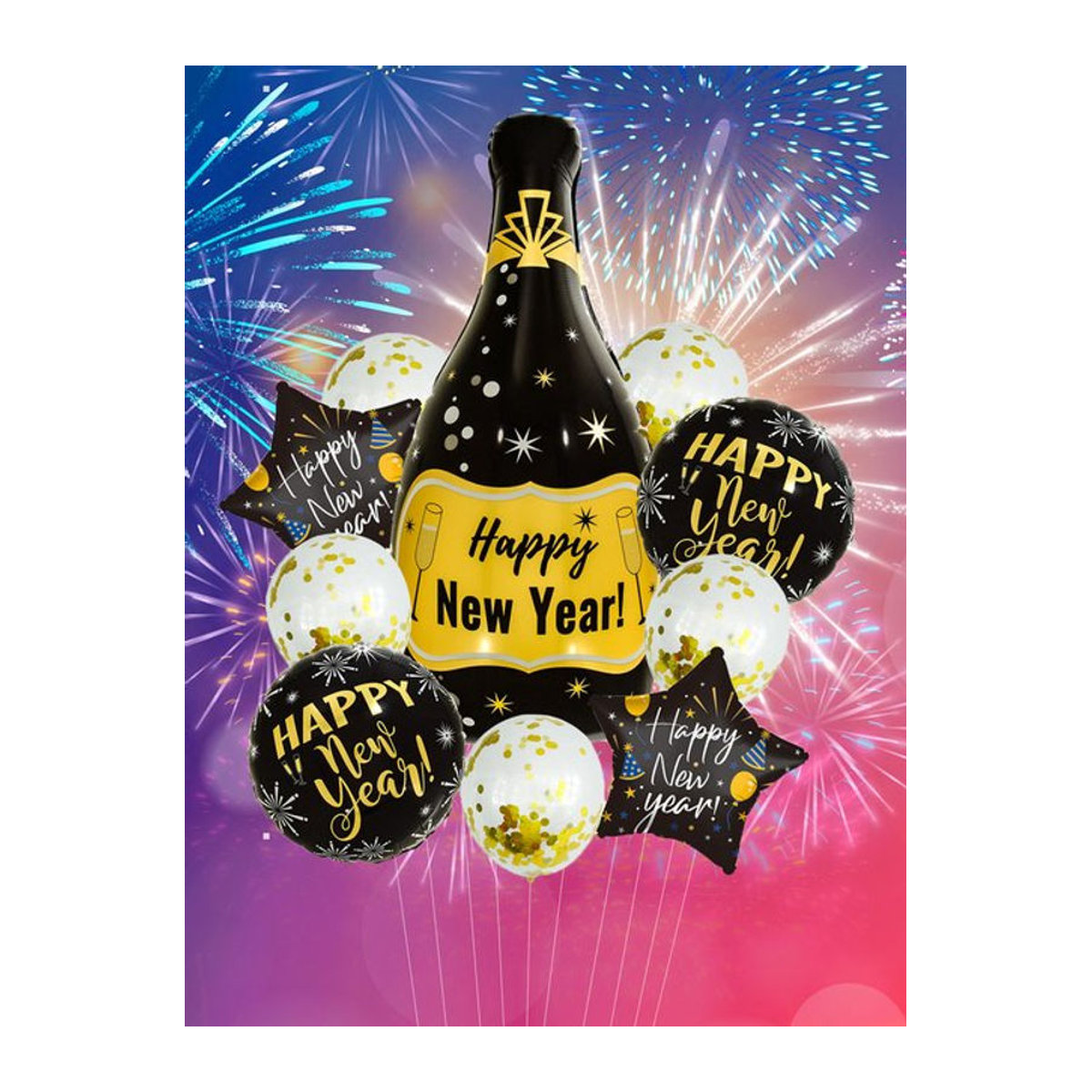 10er Set Champagnerflaschen-Ballons für deine Neujahrsparty 2024 in Schwarz und Mehrfarbig - Bild 1