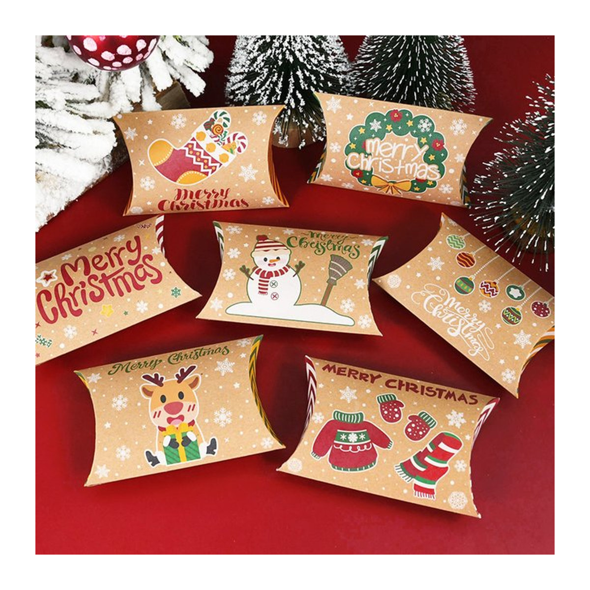 10er Set CHIXINHAPPY Weihnachts Geschenkkartons in Kissenform aus Kraftpapier, mehrfarbig und beige - Bild 1