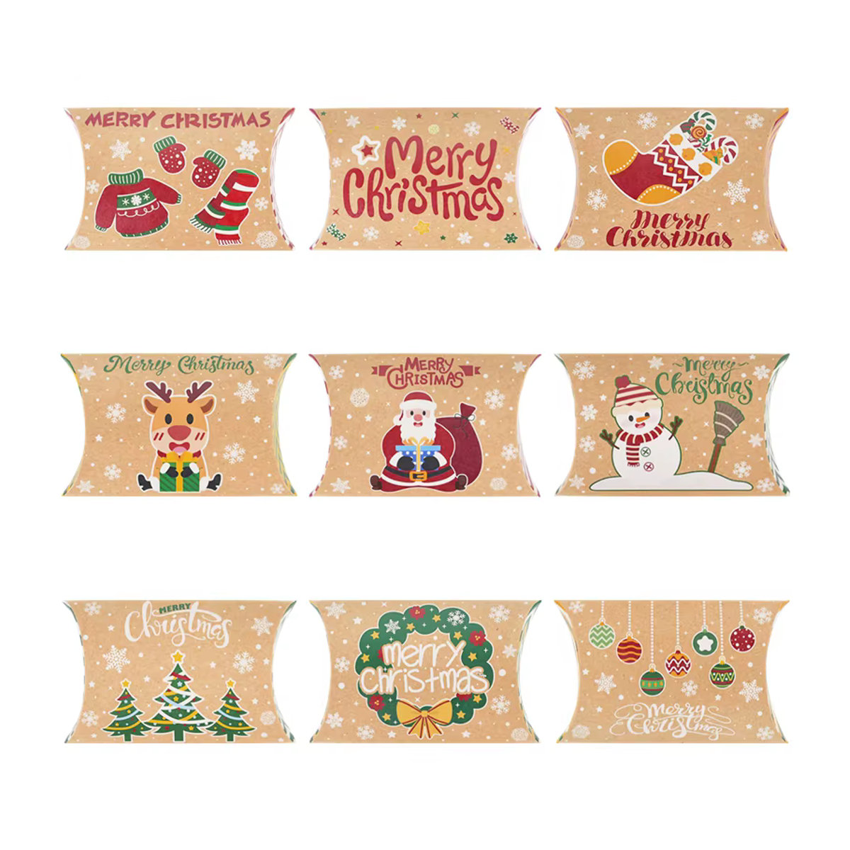 10er Set CHIXINHAPPY Weihnachts Geschenkkartons in Kissenform aus Kraftpapier, mehrfarbig und beige - Bild 5