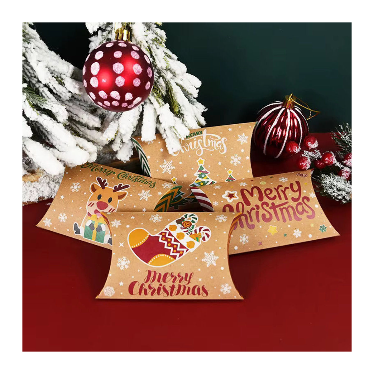 10er Set CYZIWEIN Weihnachtliche Geschenkboxen aus braunem Kraftpapier in Kissenform für Dekoration und Süßigkeiten - Bild 3