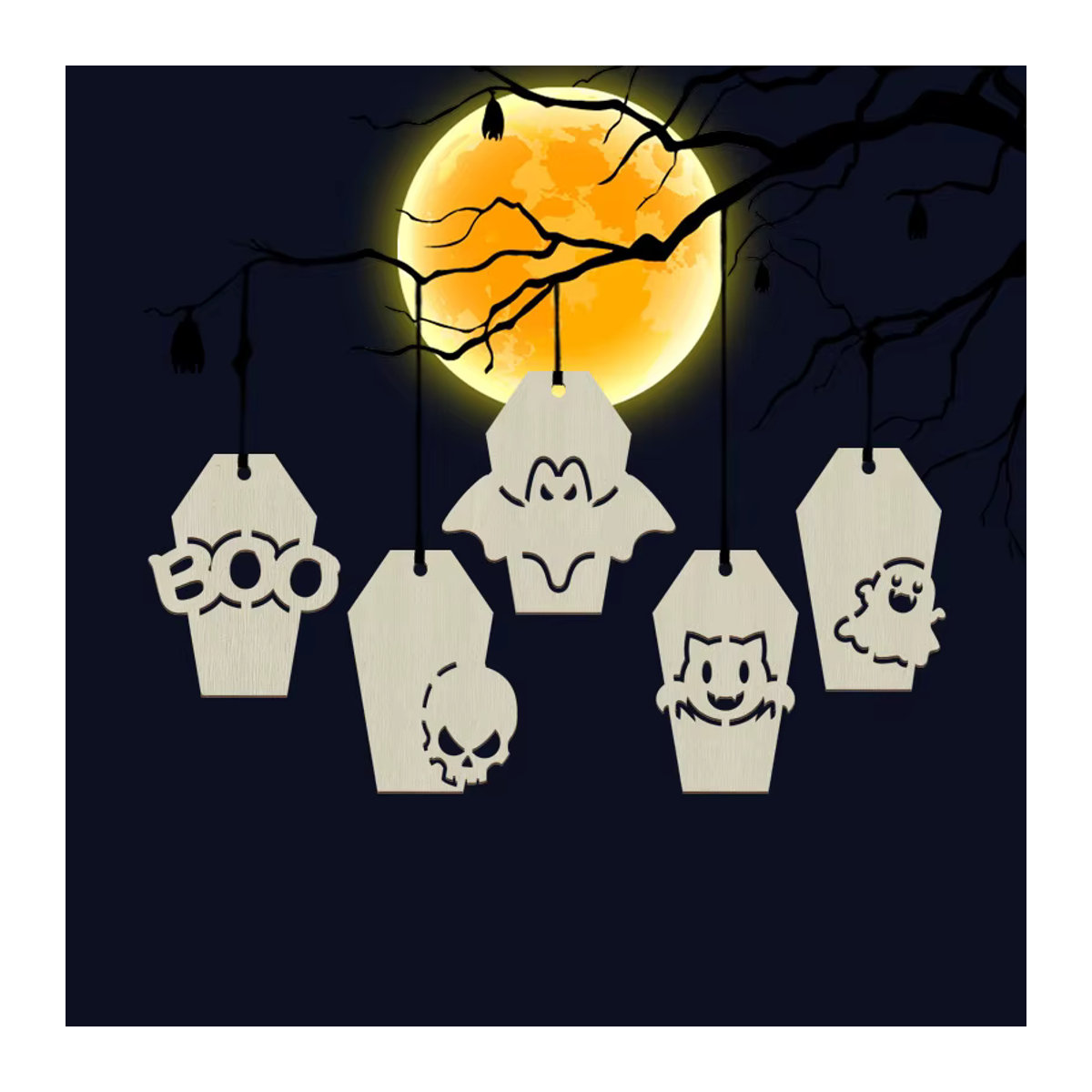 10er Set Halloween Holz-Anhänger mit Katze und Geist als Deko-Etiketten für Kinder - Bild 2