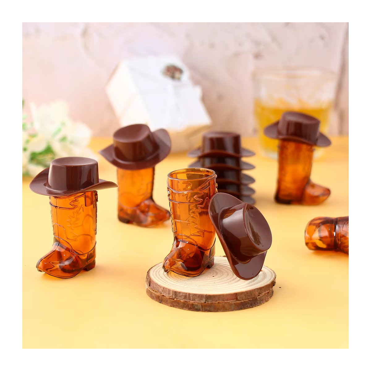 10er Set PATIMATE Cowboy Boot Schnapsgläser aus Kunststoff in Braun mit Cowboy Hüten für deine Geburtstag Party Dekoration - Bild 5