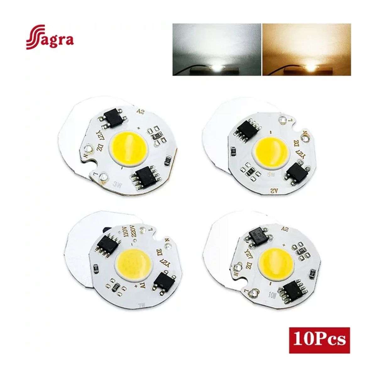 10er Set Sagra COB LED Chips für Flutlicht und DIY-Projekte, 220V, Kaltweiß oder Warmweiß verfügbar - Bild 1