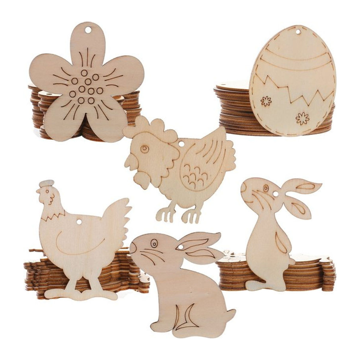 10er Set Tissy Holz Kaninchen und Ei Anhänger in Beige mit Hanfseil zur Ostern Dekoration für Kinder DIY Malprojekte - Bild 1