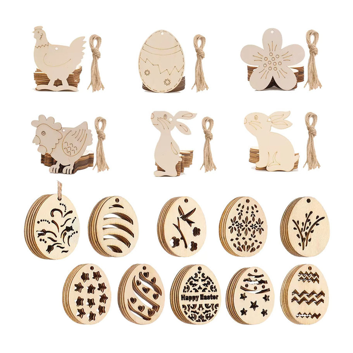 10er Set Tissy Holz Kaninchen und Ei Anhänger in Beige mit Hanfseil zur Ostern Dekoration für Kinder DIY Malprojekte - Bild 2