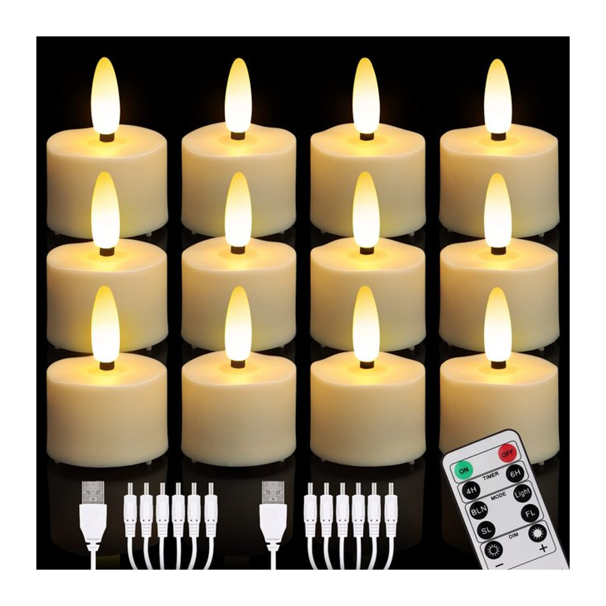 12 Stück FREEPOWER LED-Stumpenkerzen in Creme, wiederaufladbare elektrische Kerzen mit USB-Aufladung, Fernbedienung, Timer und Flackereffekt für die Hochzeitsdekoration - Bild 1