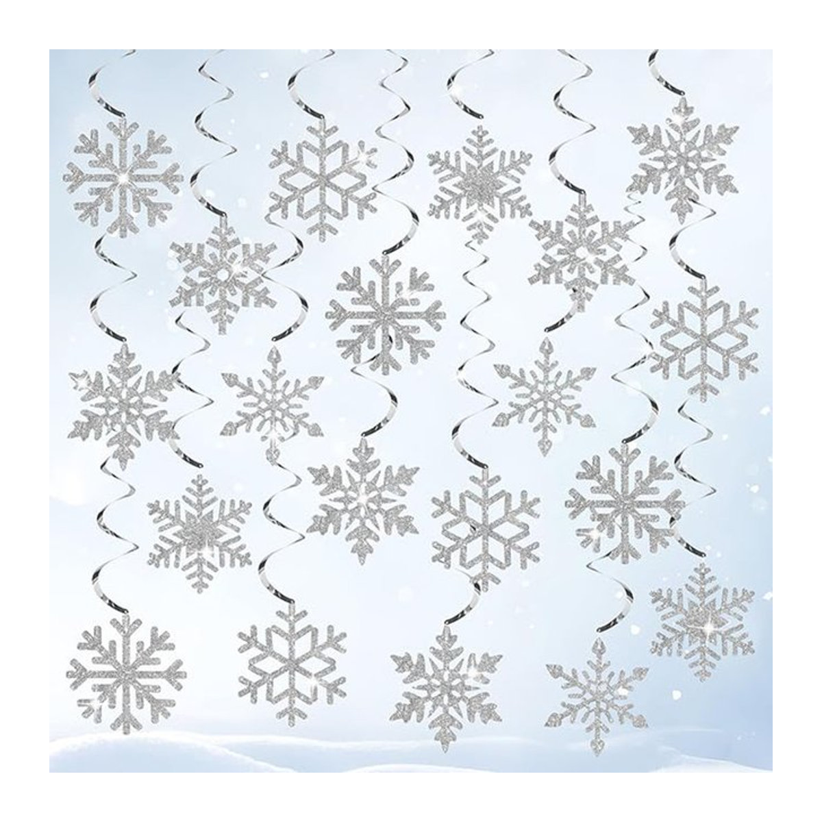 12 Stück silberne Schneeflocken-Spiralanhänger von VRISE aus Kunststoff für Weihnachts-, Geburtstags- und Hochzeitsdekoration - Bild 1