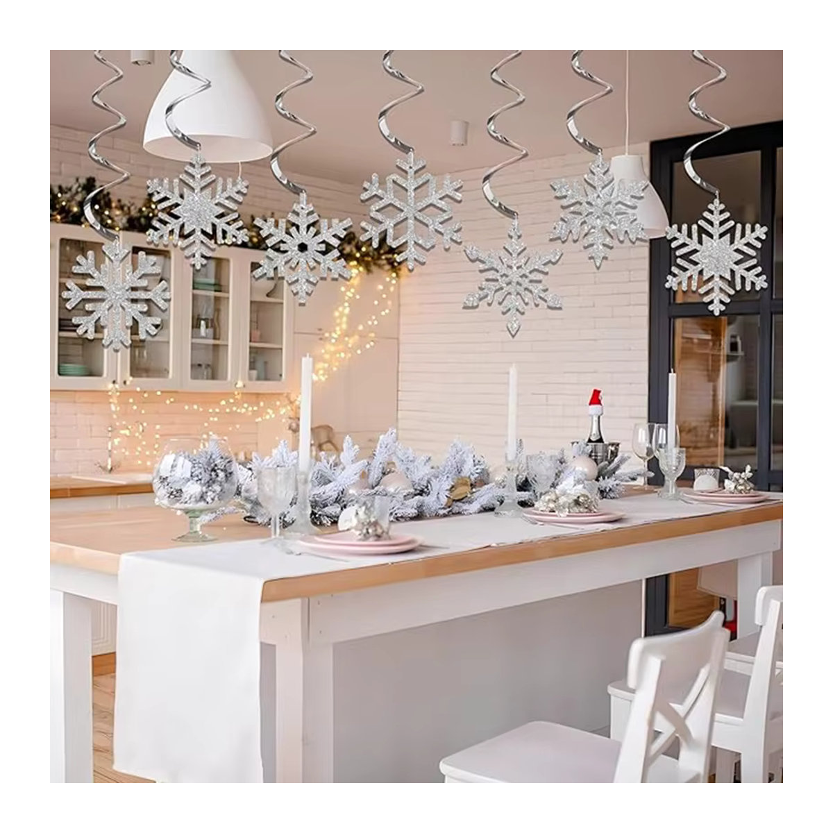 12 Stück silberne Schneeflocken-Spiralanhänger von VRISE aus Kunststoff für Weihnachts-, Geburtstags- und Hochzeitsdekoration - Bild 2