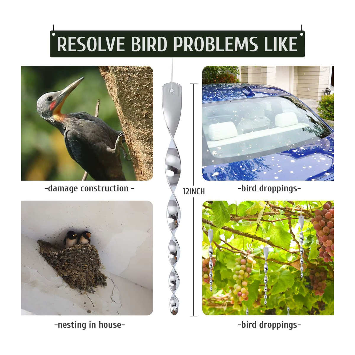 12 Stück Vogelabweisende reflektierende Stäbe Silber Spinner als Vogelabschreckung und Gartendekoration für den Außenbereich - Bild 3
