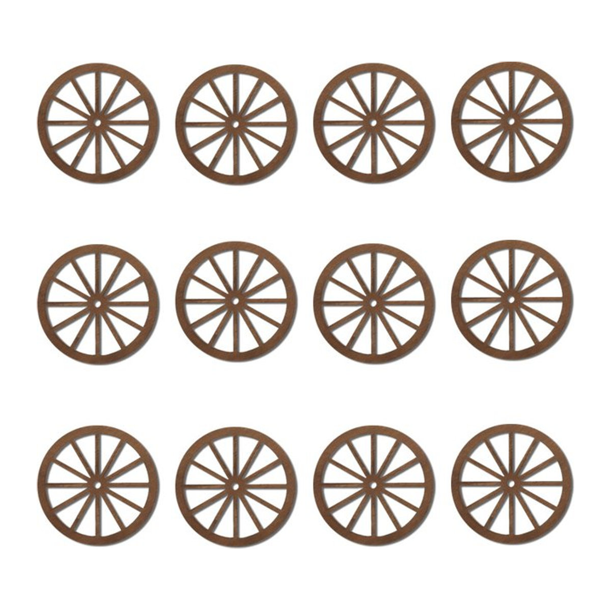 12 Stück Wagenrad-Dekoration aus Holz in Braun im Vintage-rustikalen Design für deine Western-Cowboy-Party - Bild 1