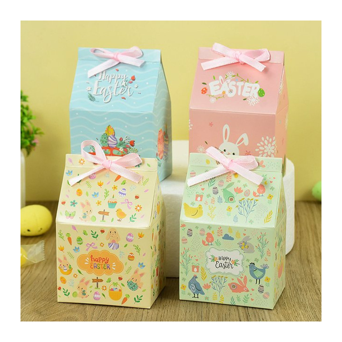 12 Stück ZQCXLD Oster-Geschenkboxen in Hausform mit Cartoon-Hasen-Ei-Design aus Papier, mehrfarbig, ideale DIY-Verpackung für Süßigkeiten und Kekse zur Osterdeko - Bild 1