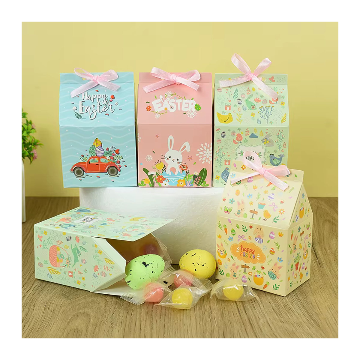 12 Stück ZQCXLD Oster-Geschenkboxen in Hausform mit Cartoon-Hasen-Ei-Design aus Papier, mehrfarbig, ideale DIY-Verpackung für Süßigkeiten und Kekse zur Osterdeko - Bild 2