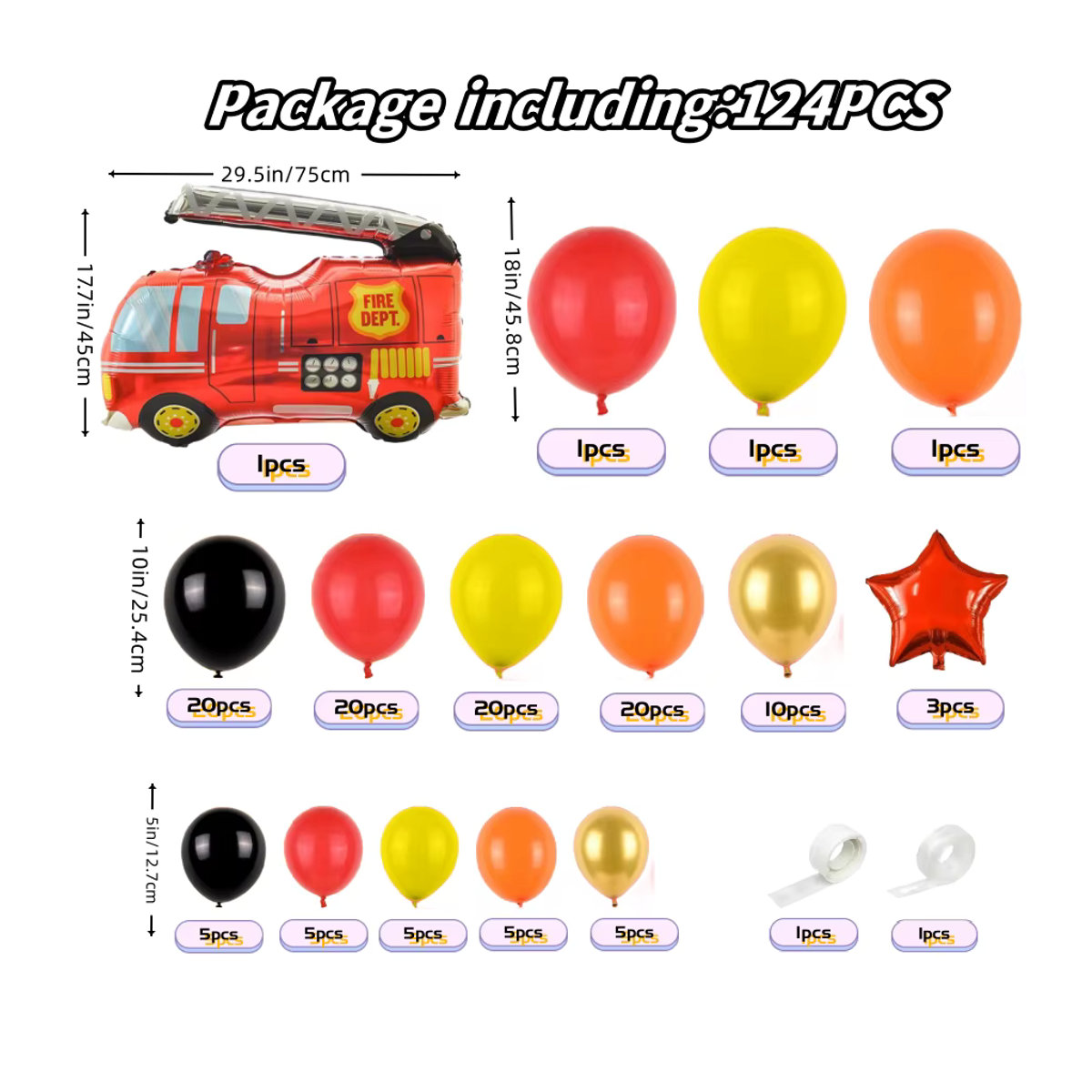 124 Stück Feuerwehr Ballon Bogen aus Latex in Rot, Gelb, Orange und Schwarz für deine Feuerwehr Auto Geburtstagsfeier Dekoration - Bild 2