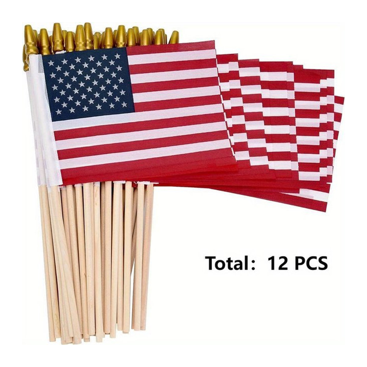 12er Packung Kleine Amerikanische Flaggen am Stiel, Handgehaltene US-Flaggen mit Streifen-Design, Multicolor, B: 10,16 cm x H: 10,16 cm - Bild 1