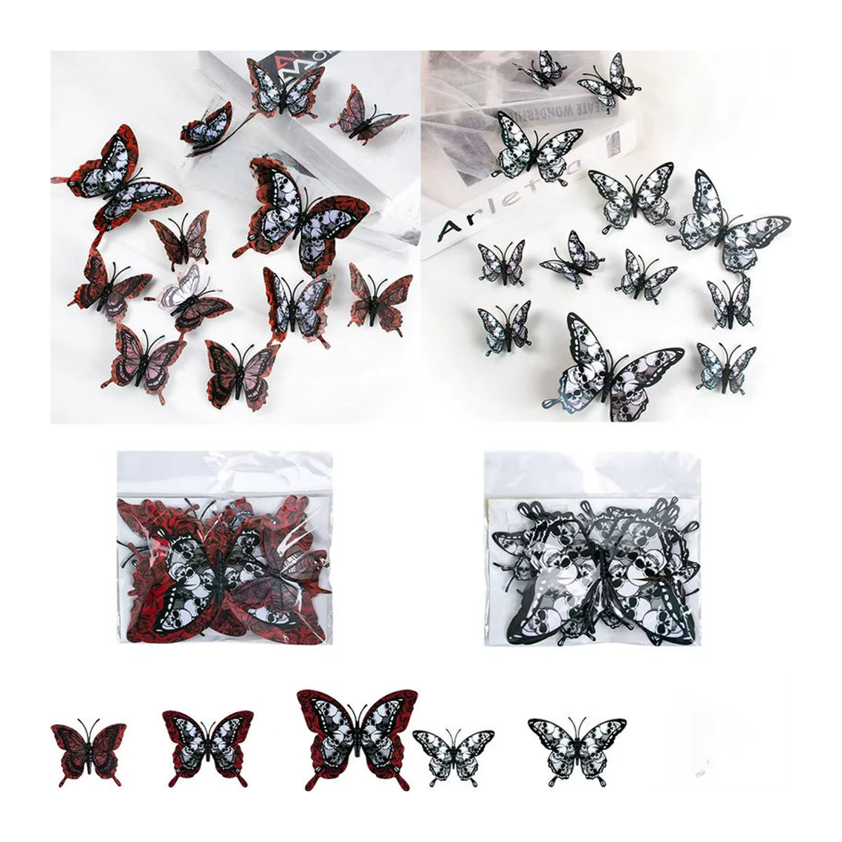 12er Set Cyuan 3D Schmetterling und Schädel Wandaufkleber in Schwarz für Halloween Dekoration - Bild 1