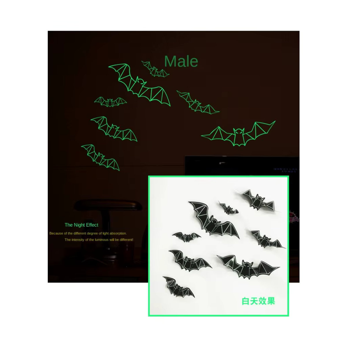 12er Set Halloween 3D Fledermaus Wandaufkleber in Schwarz mit Glow-in-the-Dark Effekt zur Partydekoration - Bild 2