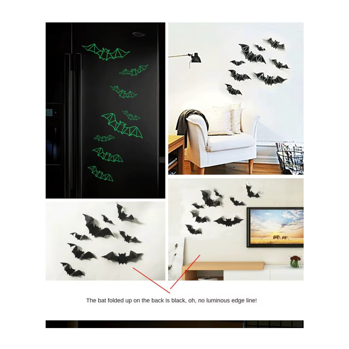 12er Set Halloween 3D Fledermaus Wandaufkleber in Schwarz mit Glow-in-the-Dark Effekt zur Partydekoration - Bild 4
