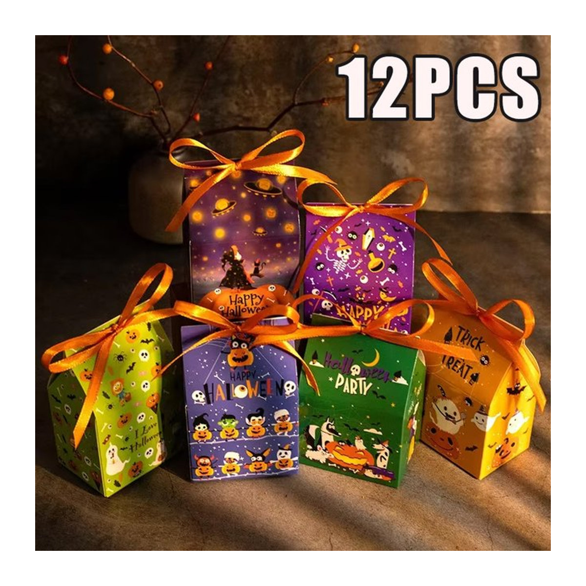 12er Set Halloween Candy Box aus Papier in Multicolor im Haus-Design für Party und Backen - Bild 1