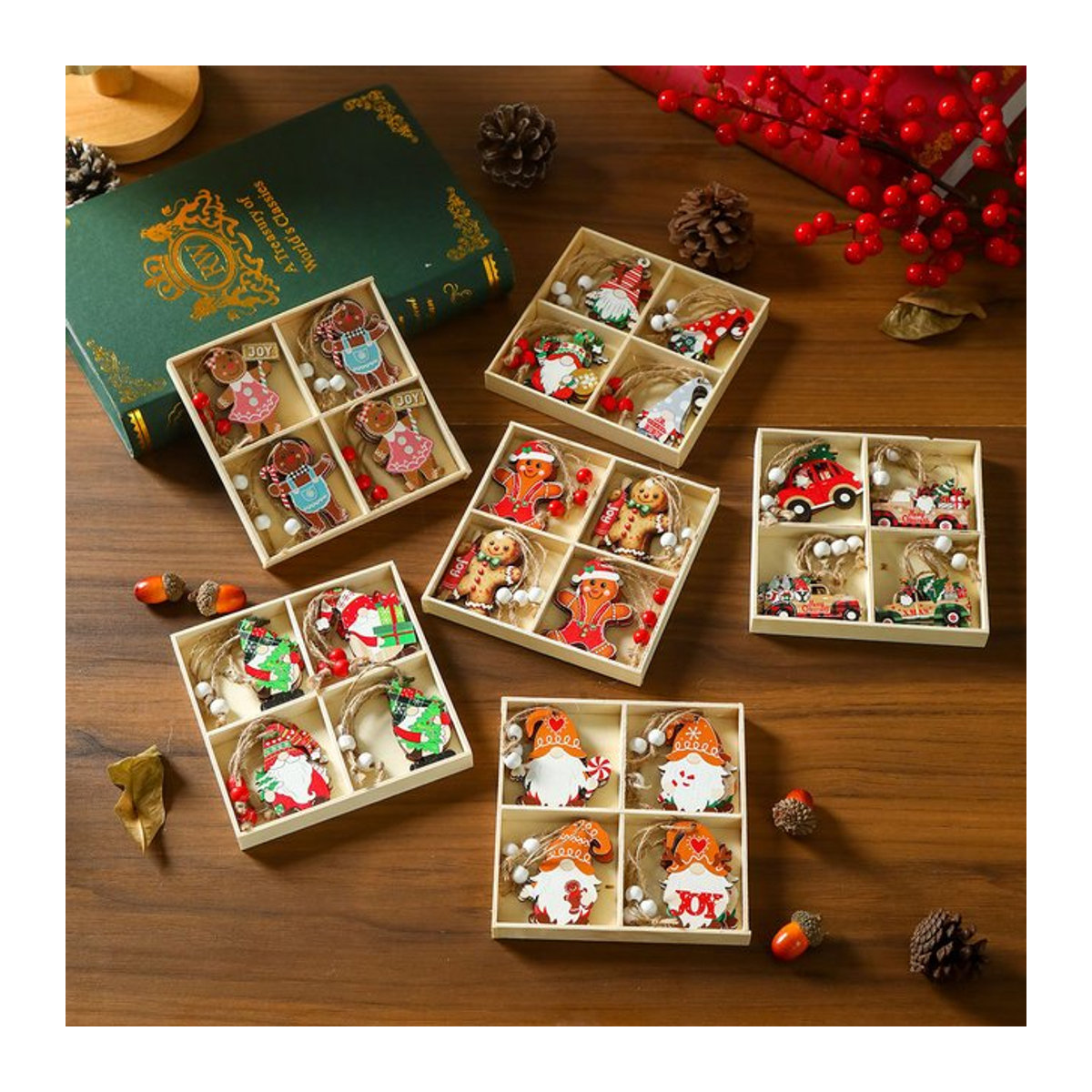 12er Set joy-enlife Weihnachts-Holzanhänger mit Lebkuchenmann und Zwergen, mehrfarbige Hängeornamente im rustikalen Design - Bild 1