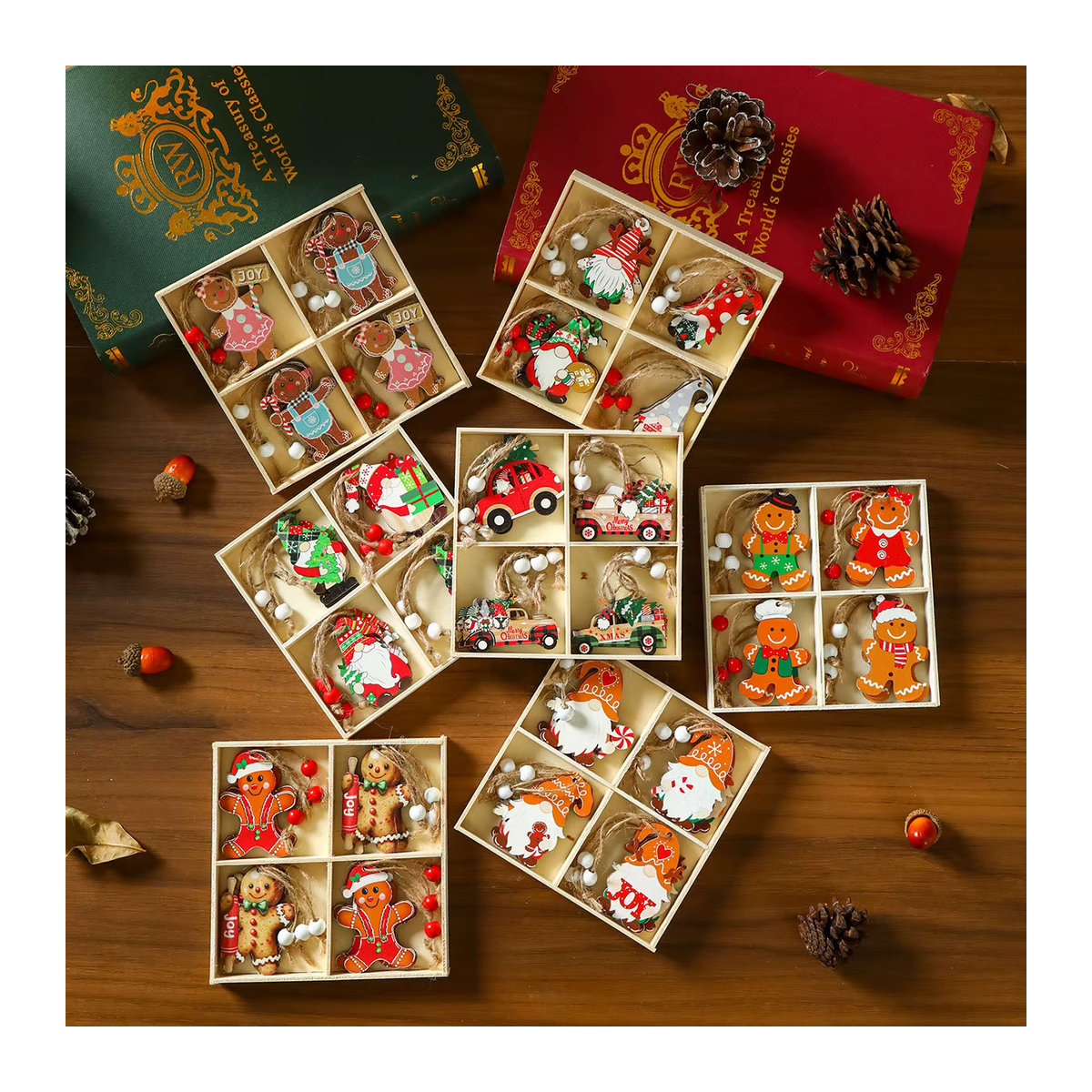 12er Set joy-enlife Weihnachts-Holzanhänger mit Lebkuchenmann und Zwergen, mehrfarbige Hängeornamente im rustikalen Design - Bild 2