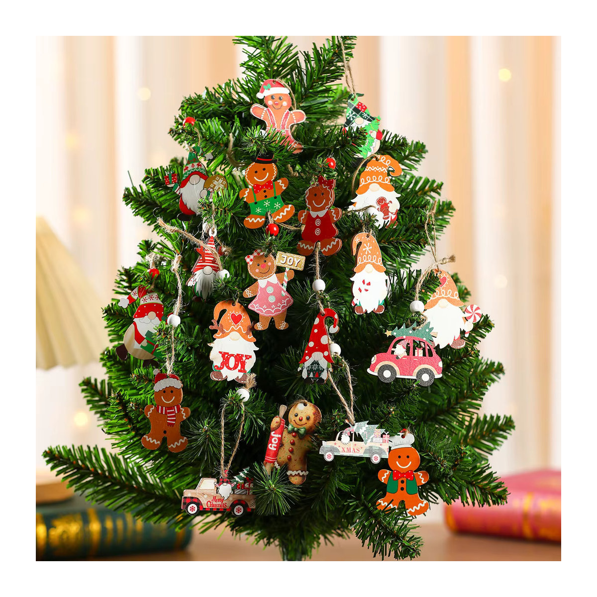 12er Set joy-enlife Weihnachts-Holzanhänger mit Lebkuchenmann und Zwergen, mehrfarbige Hängeornamente im rustikalen Design - Bild 3