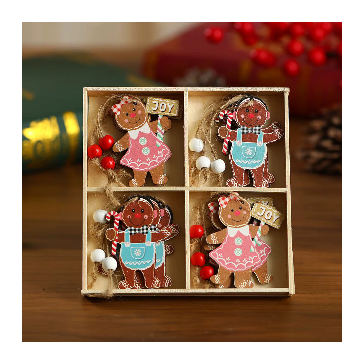 12er Set joy-enlife Weihnachts-Holzanhänger mit Lebkuchenmann und Zwergen, mehrfarbige Hängeornamente im rustikalen Design - Bild 5