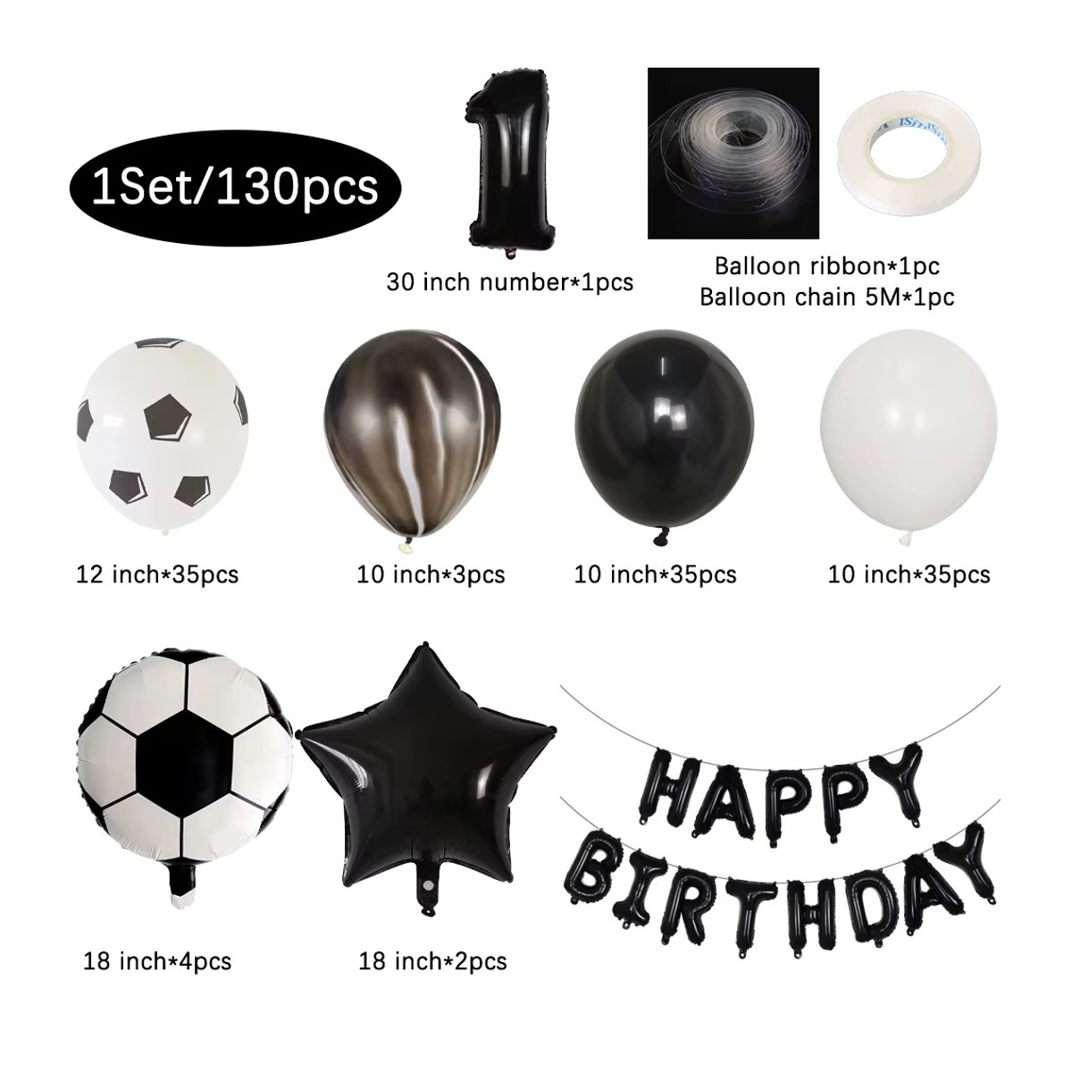 130 Stück Fußball Helium Folienballons Set in Schwarz für Kinder Geburtstagsdekoration von LQVYI - Bild 2