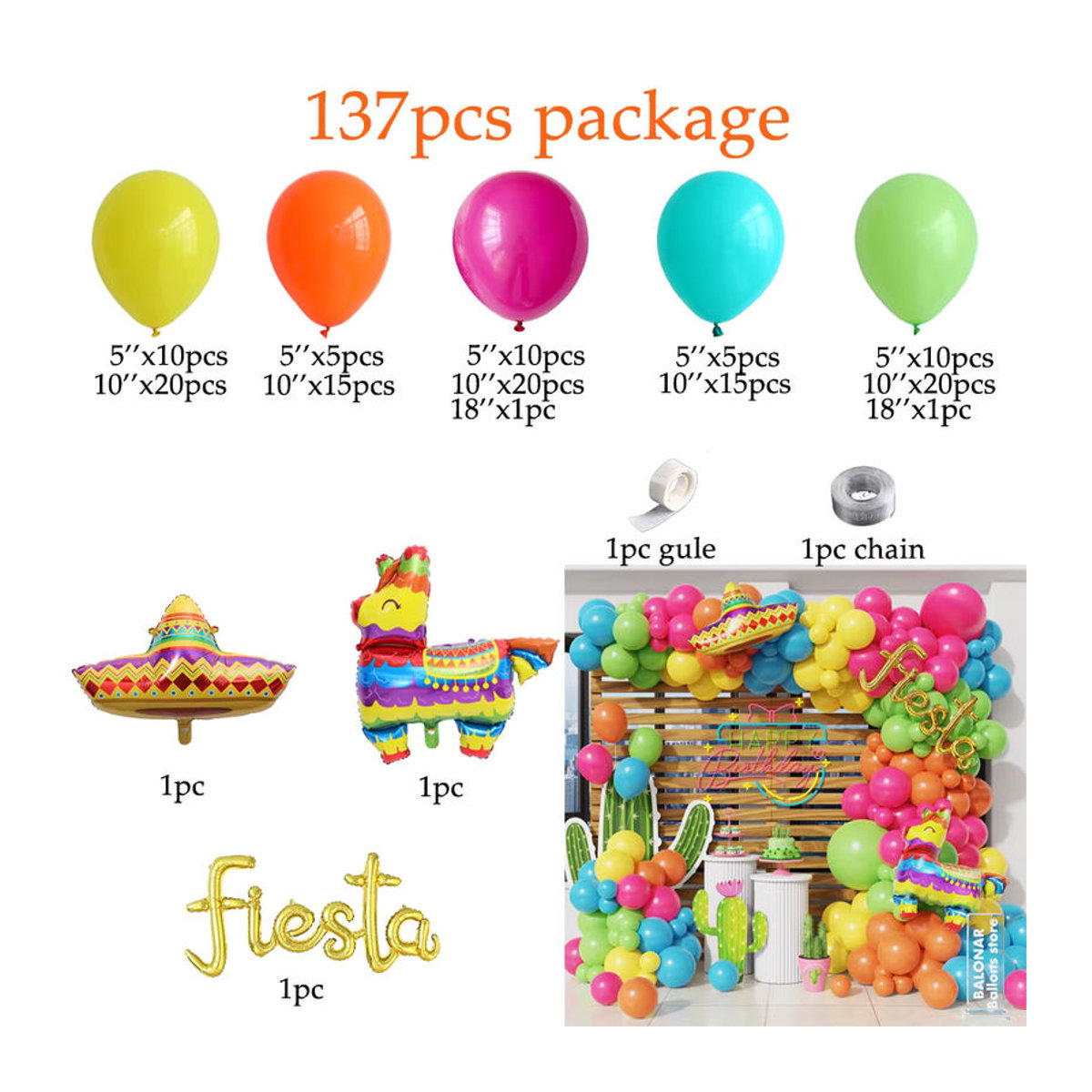 137 Stück Mexikanische Fiesta Ballon Girlande Bogen Kit mit Kaktus und Lama Folienballons in Mehrfarbig für Geburtstag und Babyparty Dekoration - Bild 2