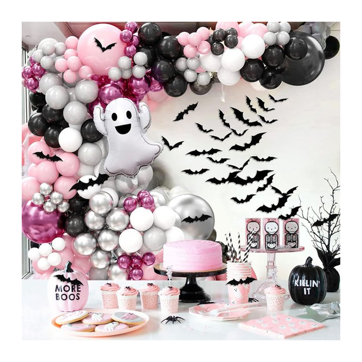 175-teiliges Halloween Ballon Girlande Set in Rosa und Schwarz mit Geister-Ballons und 3D Fledermaus Aufklebern für deine Party Dekoration - Bild 1