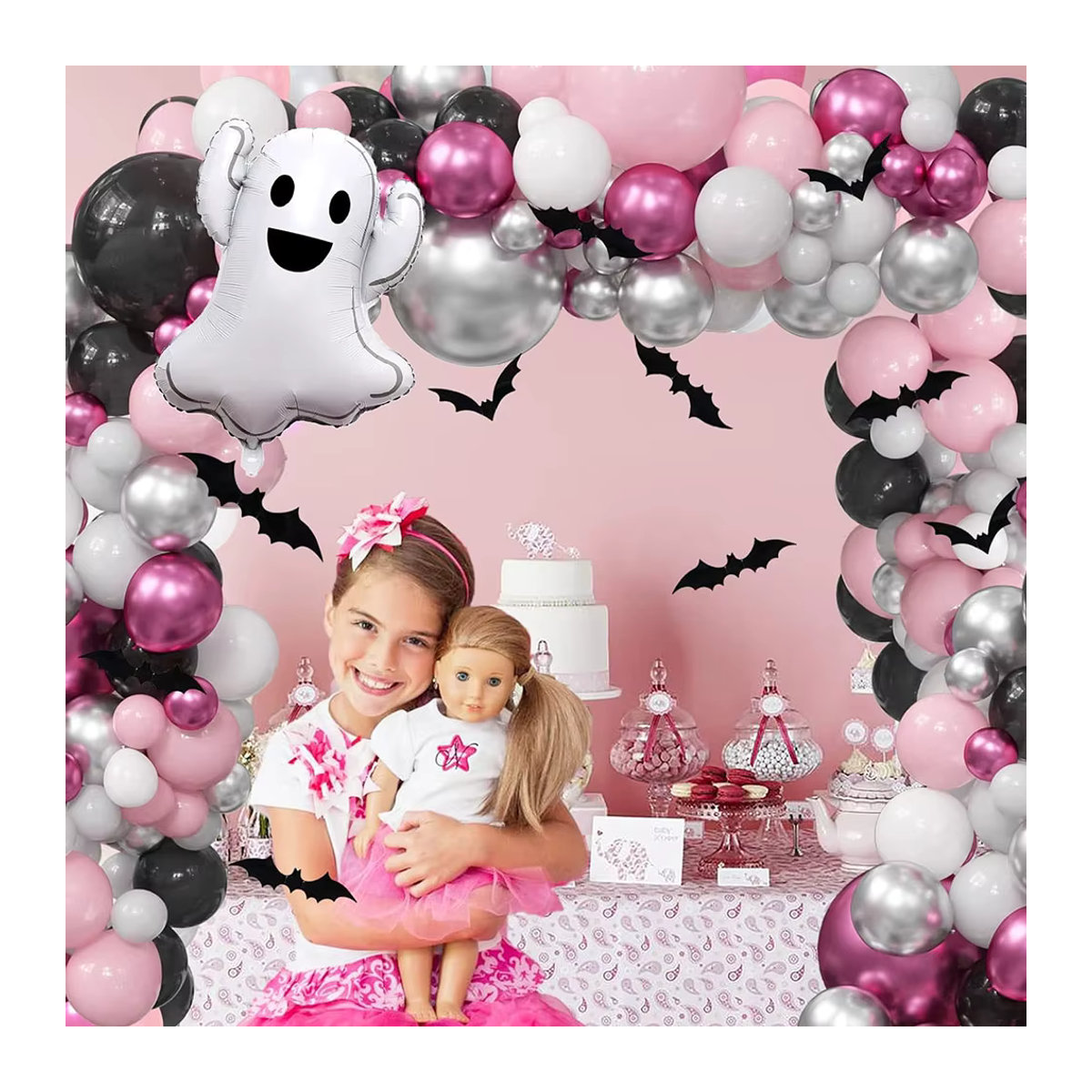 175-teiliges Halloween Ballon Girlande Set in Rosa und Schwarz mit Geister-Ballons und 3D Fledermaus Aufklebern für deine Party Dekoration - Bild 2