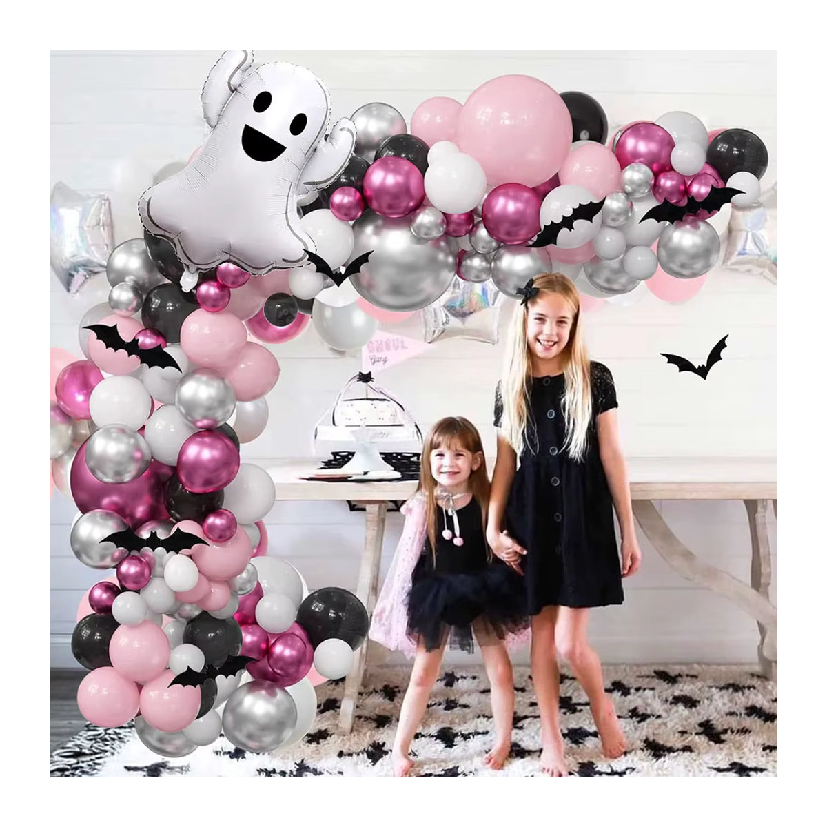 175-teiliges Halloween Ballon Girlande Set in Rosa und Schwarz mit Geister-Ballons und 3D Fledermaus Aufklebern für deine Party Dekoration - Bild 3