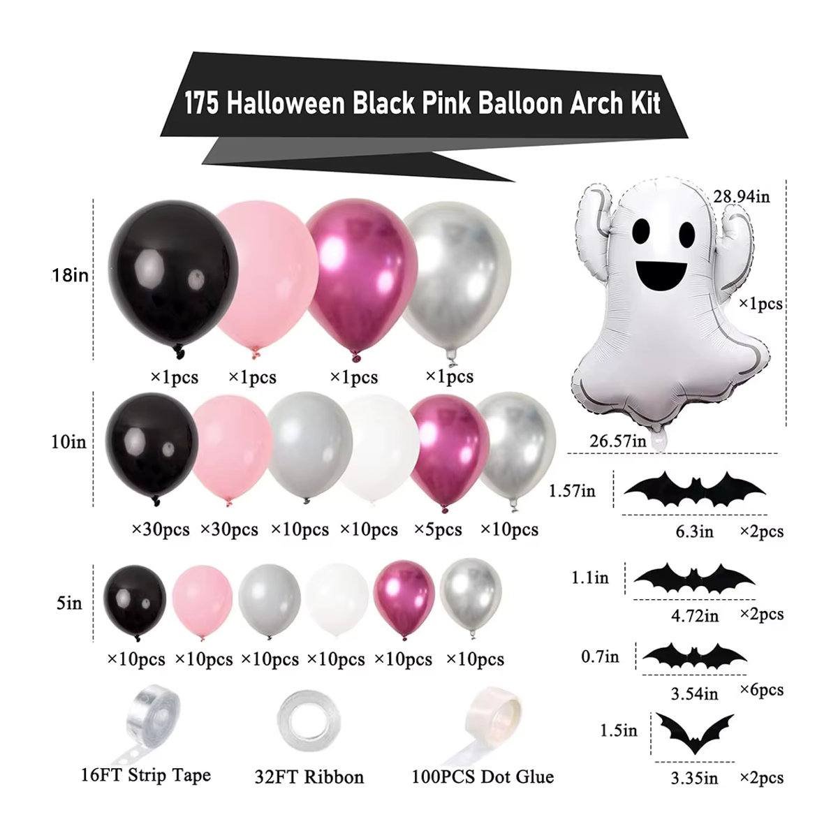 175-teiliges Halloween Ballon Girlande Set in Rosa und Schwarz mit Geister-Ballons und 3D Fledermaus Aufklebern für deine Party Dekoration - Bild 4