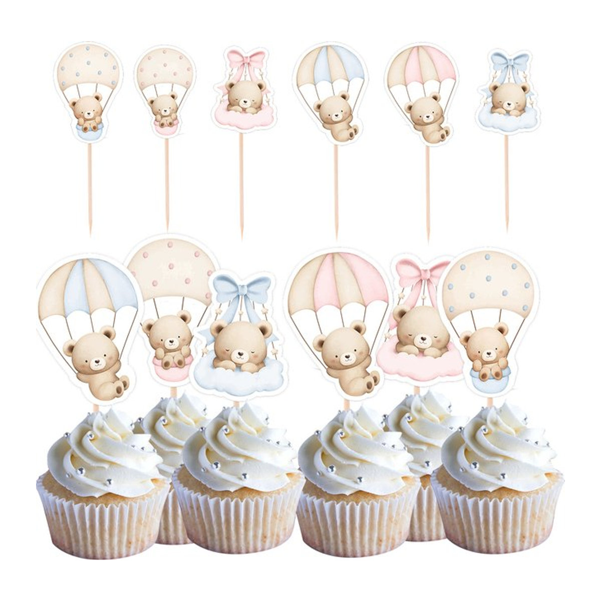 18 Stück Bär Cupcake Topper aus Papier in Blau und Rosa für Kindergeburtstage und Baby Shower Dekorationen - Bild 1
