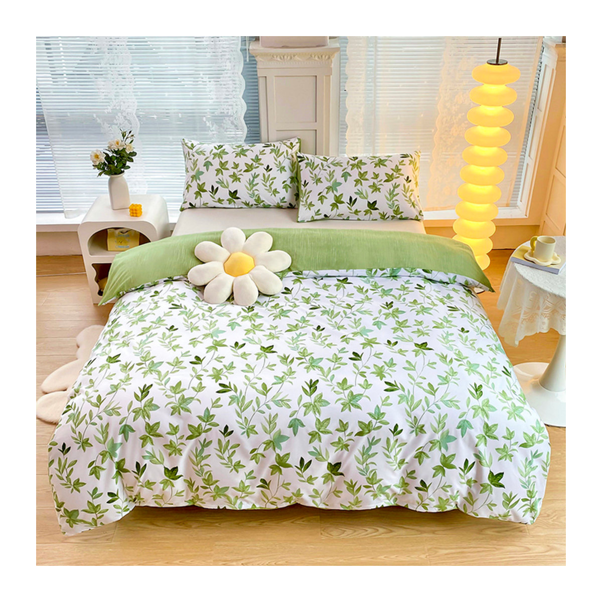 2/3-teiliges Bettwäsche-Set mit grünem Blumendruck im nordischen Design inklusive Kissenbezug für Queen- und King-Size Doppelbetten - Bild 1
