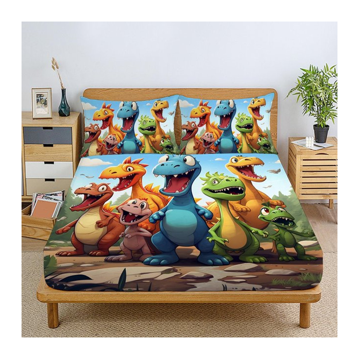 2/3-teiliges Spannbettlaken-Set mit Cartoon-Dinosaurier 3D-Motiv und Kissenbezügen, gebürsteter Digitaldruck, Maße: 90 x 190 x 25 cm - Bild 1