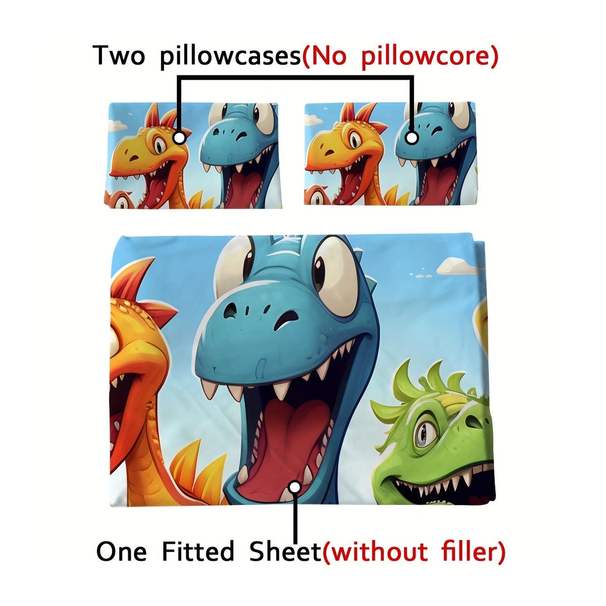 2/3-teiliges Spannbettlaken-Set mit Cartoon-Dinosaurier 3D-Motiv und Kissenbezügen, gebürsteter Digitaldruck, Maße: 90 x 190 x 25 cm - Bild 3