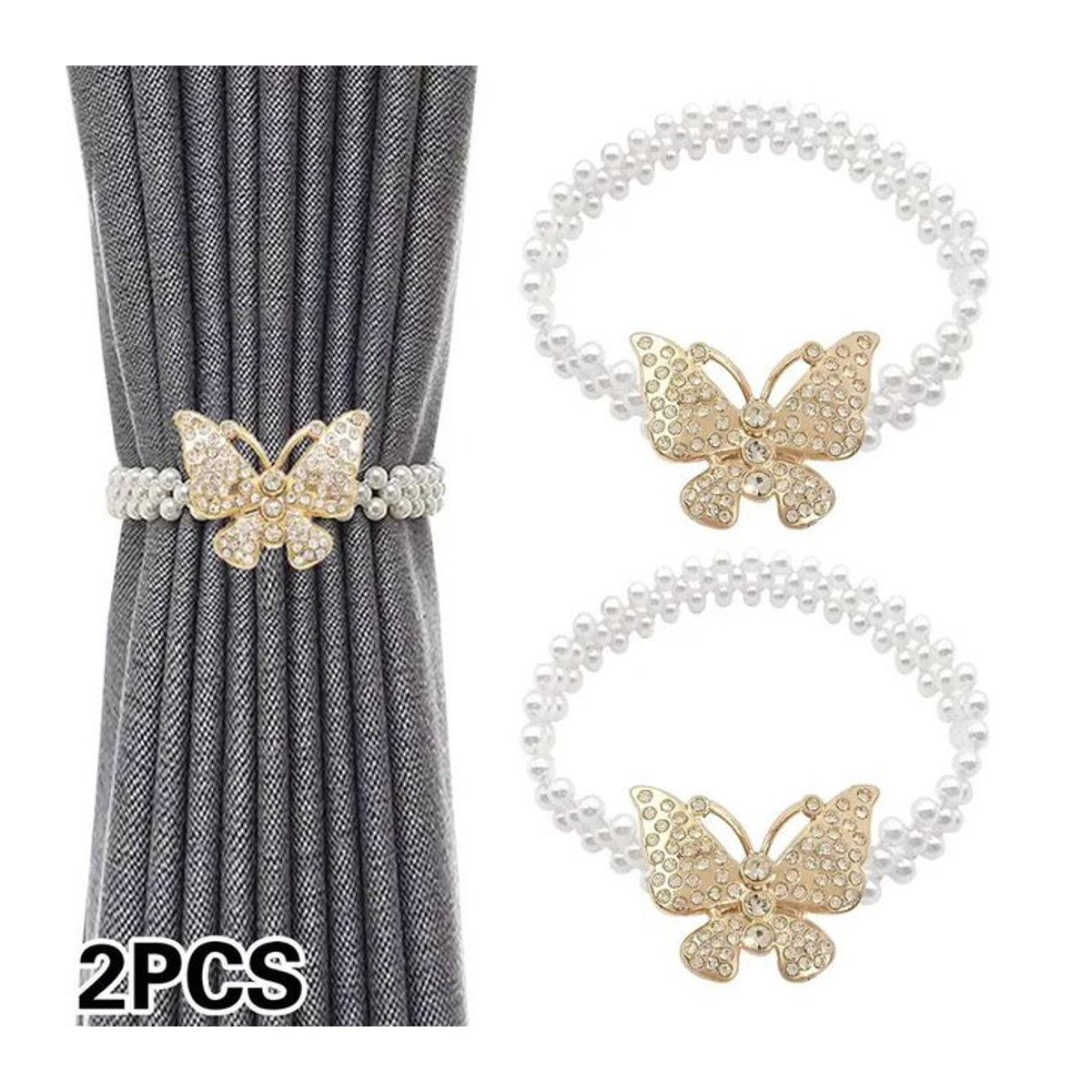 2 Stück elegante Vorhangschalenspanner mit Strass-Schmetterlingen und Perlen in Silber zur Dekoration deiner Vorhänge - Bild 1