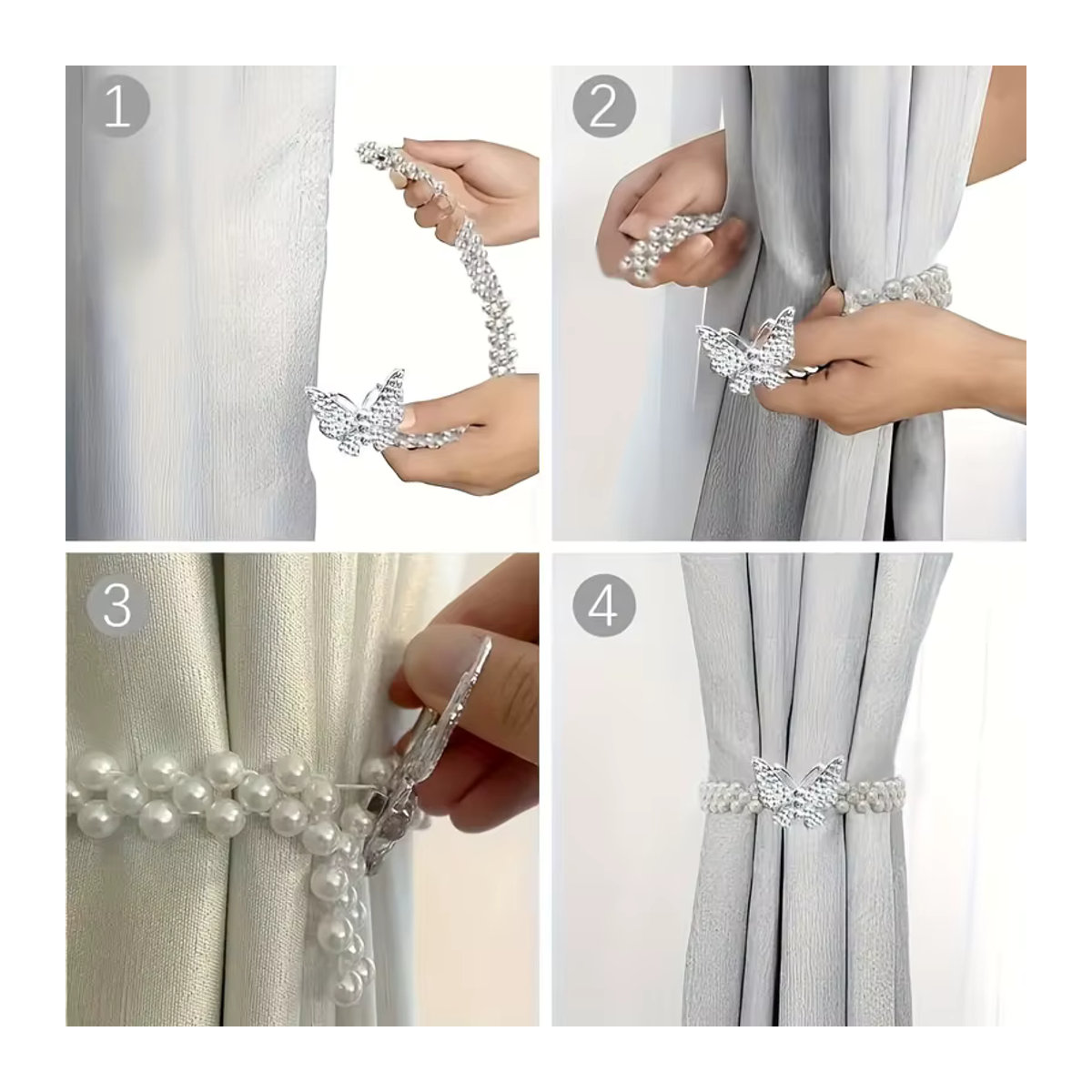 2 Stück elegante Vorhangschalenspanner mit Strass-Schmetterlingen und Perlen in Silber zur Dekoration deiner Vorhänge - Bild 3