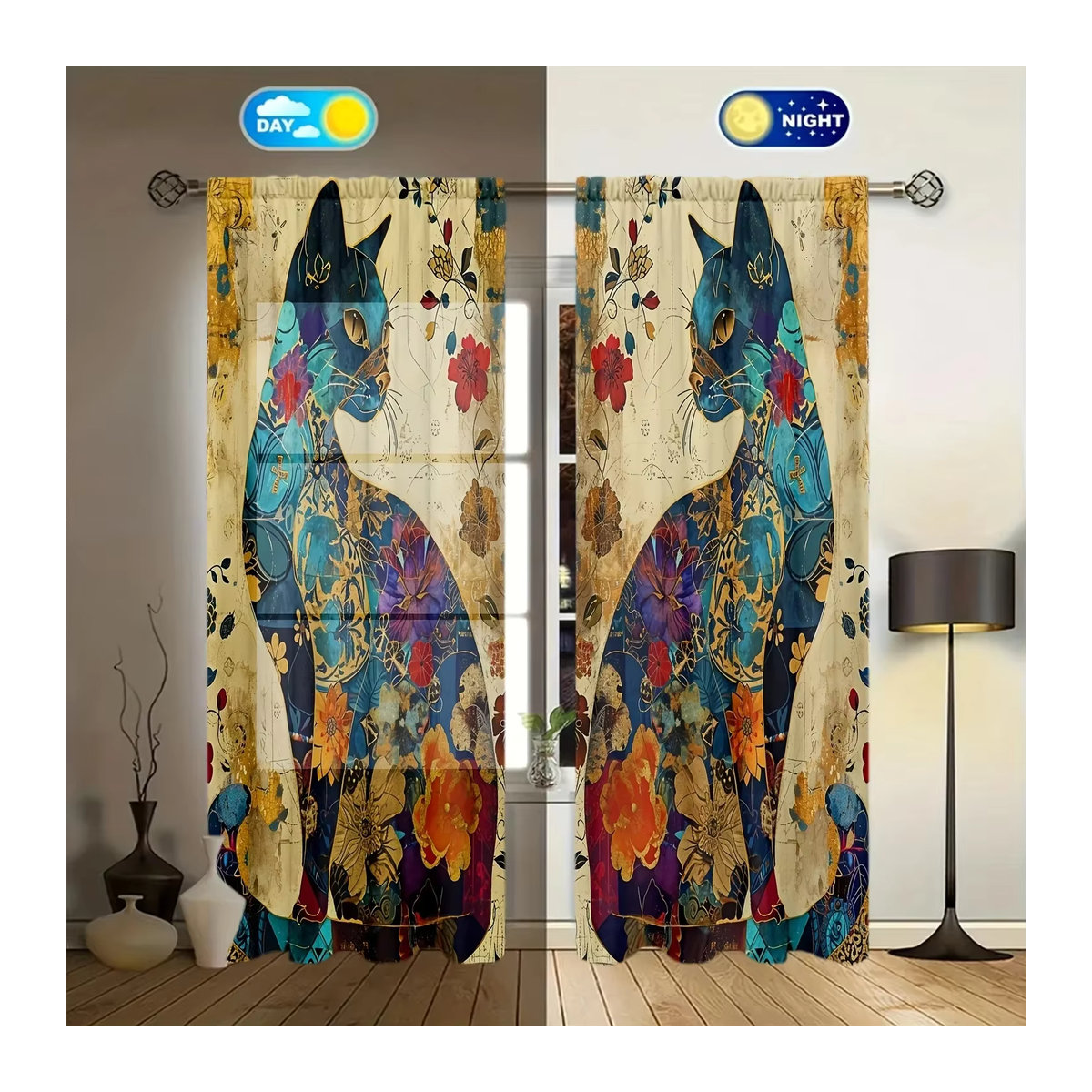 2 Stück künstlerische Vorhänge mit Katzen-Print für deine Heimdekoration, Fensterbehandlung mit Stangentaschen für Schlafzimmer, Büro, Küche oder Wohnzimmer - Bild 2